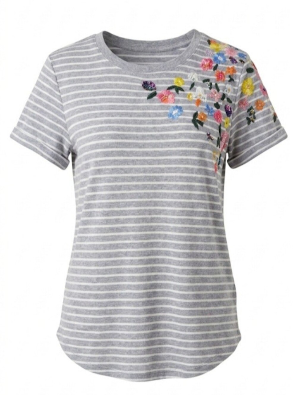 Anthro Gray White Striped Floral Embroidered and SequinTee, Roll Sleeves Style!!